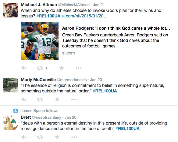 Twitter feed from Dr. Mike Altman's religious studies course