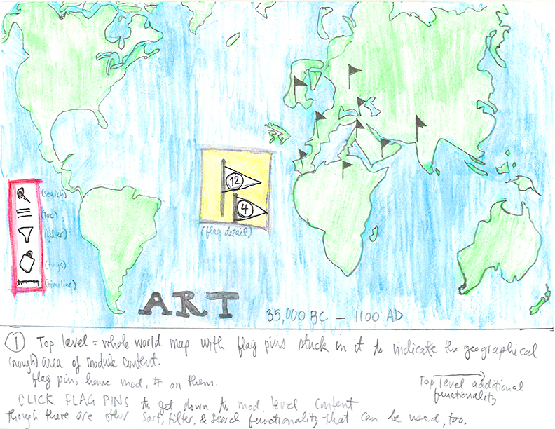 Hand-drawn world map depicting Jenny and Katy's ideas for ARTmap