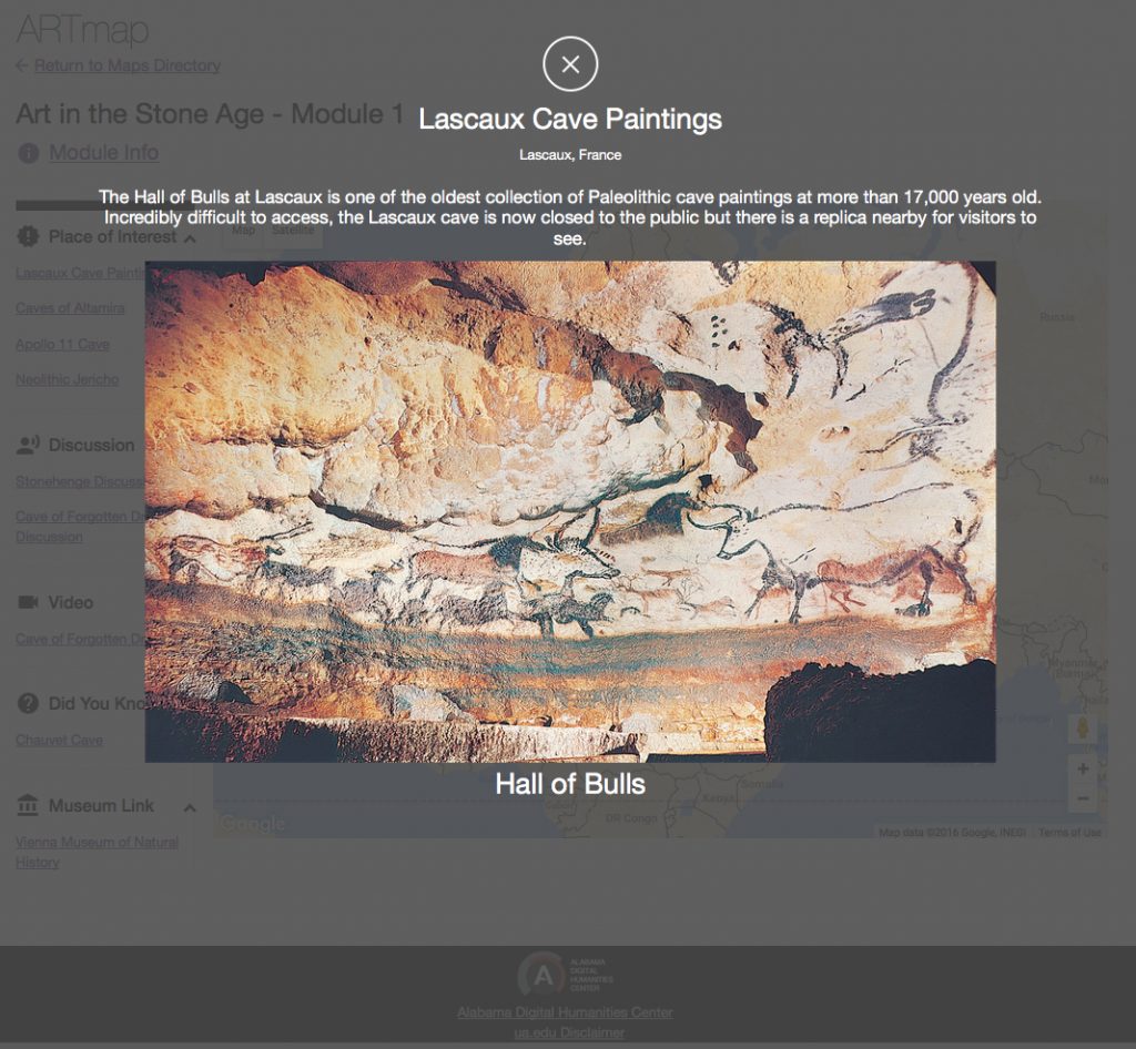 Pop-up image of the Lascaux cave paintings of bulls and other animals