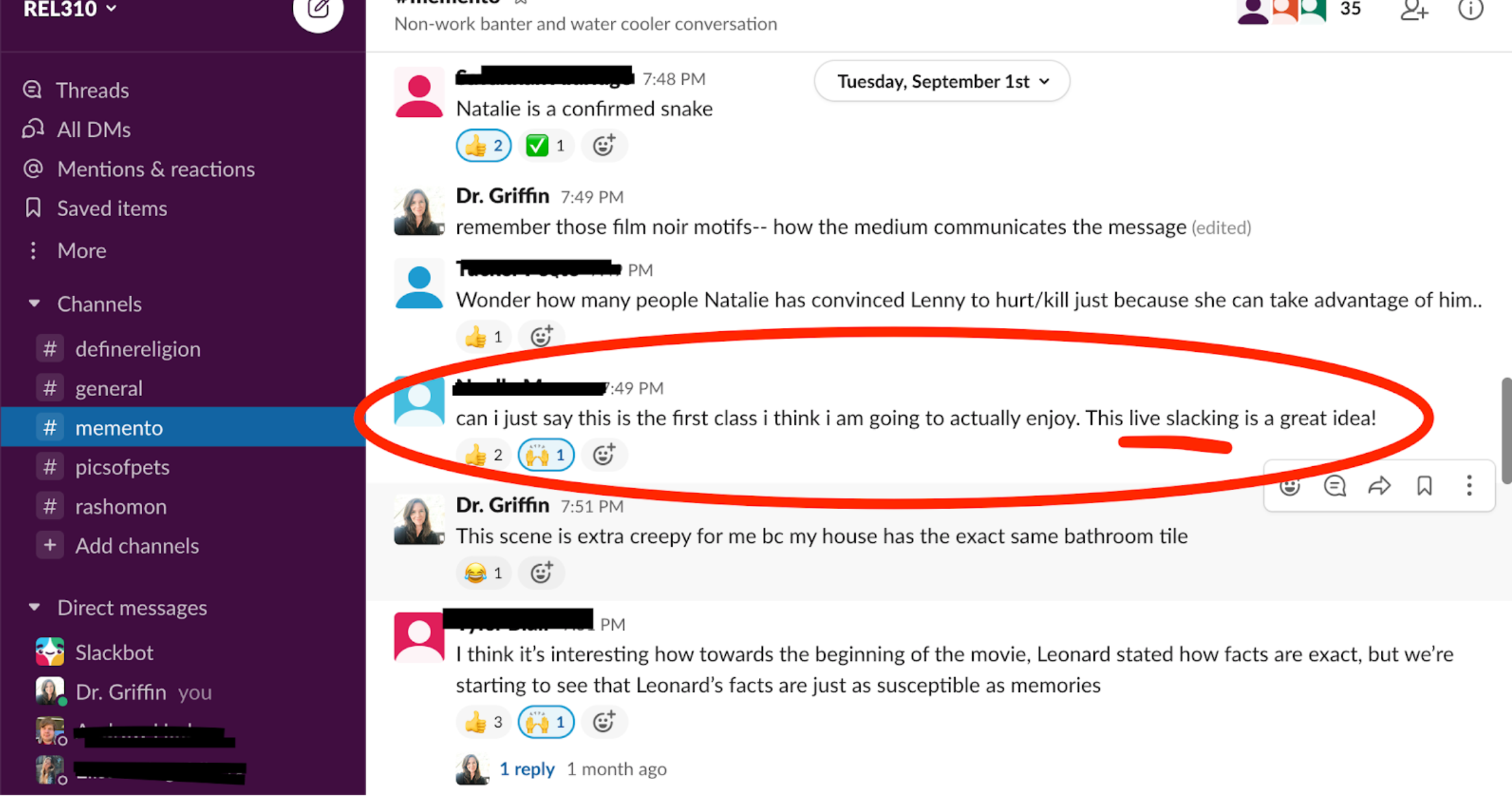 screenshot of slack dialogue, where students say they like using Slack