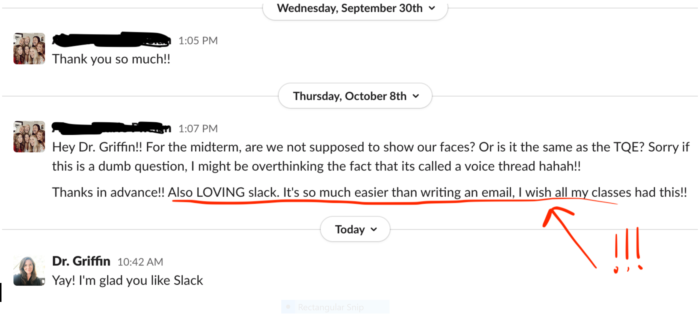screenshot of Slack dialogue where students express more appreciation