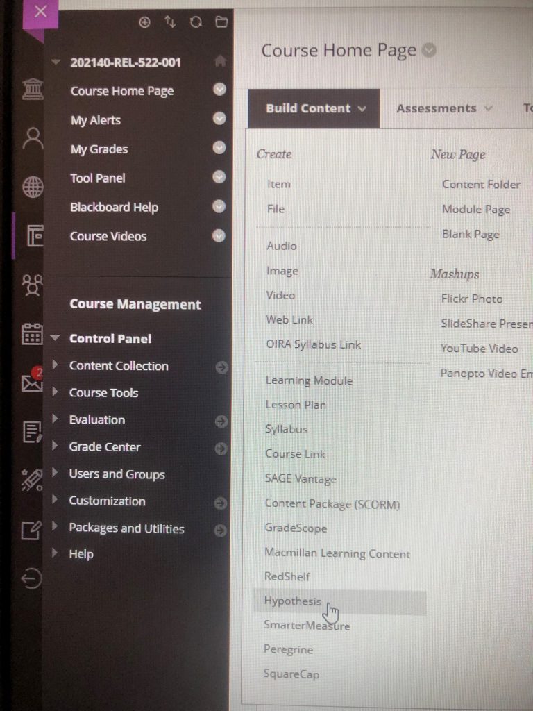 screenshot of blackboard build content menu