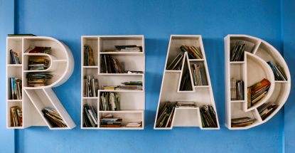 bookshelves that spell the word "read"